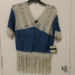 Cliche New Boho Denim Blue Crochet Blouse Size M